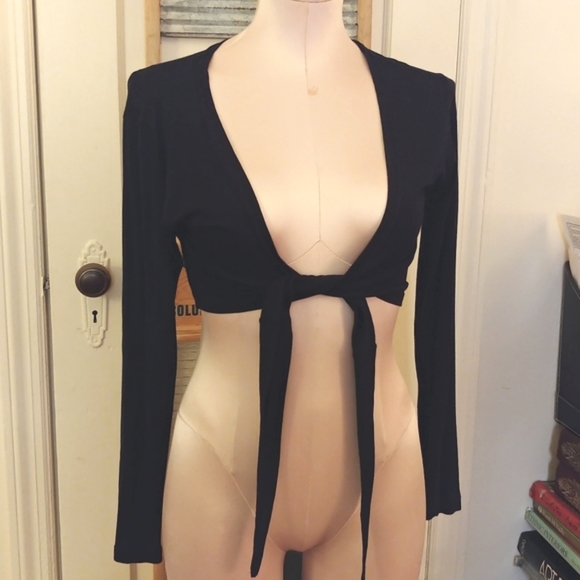 Black Wrap Tie Front Top Vintage Midriff Formal Jacket Cover Lightweight - Picture 3 of 5